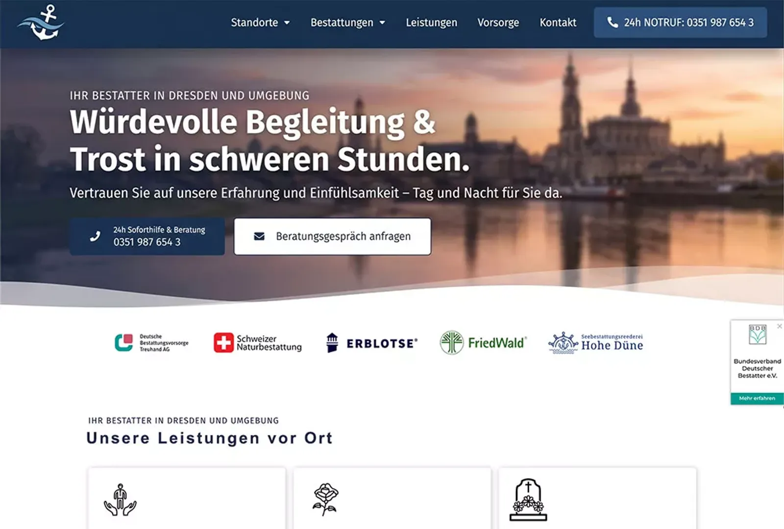 Website Bestattungsunternehmen auf Desktop